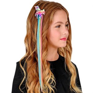 Pferd Einhorn Haarteil Haarsträhne Haarschmuck mit Hologramm Pailletten mit offenem Haar bunt
