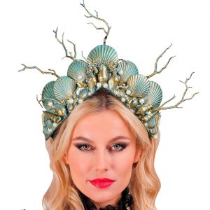 Meerjungfrau Krone Diadem Haarreif mit Zweigen Muscheln und Perlen metallic türkis-gold