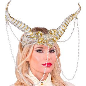 Teufel / Dämon Hörner Kopfschmuck / Stirnmaske gerippte Hörner mit Perlenketten metallic weiß-gold