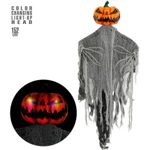 Kürbismann gruselig Deko Hängefigur mit LED zum Aufspannen mit blinkenden Augen 152cm grau-orange