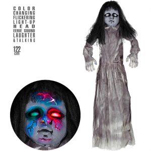 Killerpuppe Deko Hängefigur mit LED+Sound mit leutendem Kopf und Gruselsound 110cm grau-bunt