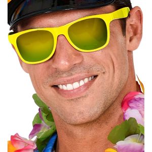 80er Jahre Wayfahrerbrille mit Farbglas regenbogenverspiegelt neongelb