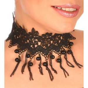 Edelleute Vintage / Gothic Halskette Collier Halsband aus Spitze mit Perlen elegant schwarz