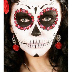 Schädel bunt D.d.l.M. Ohrringe Schädel mit roten Perlen und Rosen beige-rot