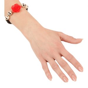 Schädel bunt D.d.l.M. Armband mehrere Schädel mit schwarzen Perlen und Rose beige-rot