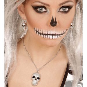 Schädel bleich Halskette+Ohrringe Set mit Anhänger filigarn silber-schwarz