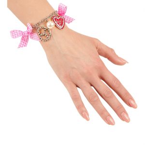 Trachten Armband mit Schleifen aus Karoband Brezel Herz und Perle silber-rosa