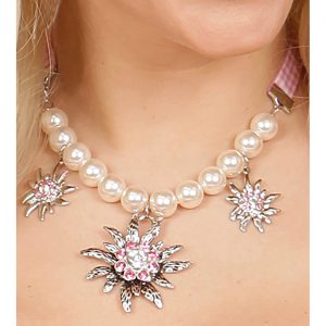 Trachten Halskette Collier Karoband mit Perlen und Edelweiß silber-rosa
