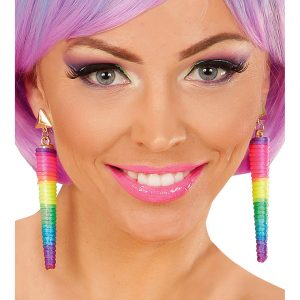 80er 90er Jahre Ohrringe Hängeohringe in Kegelform Regenbogen Neonschnur Rave neonbunt