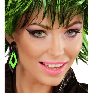 80er Jahre Ohrringe Ohrhänger für Ohrlöcher in Rhombusform neongrün-schwarz