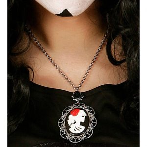 Schädel bunt D.d.l.M. Halskette mit Anhänger Schädel Cameedame mit Rose an silberner Kette beige-rot