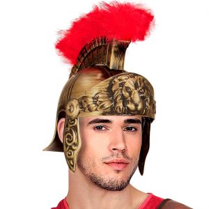 Gladiator Legionär Helm mit Federaufsatz Federkamm Rüstungsteile Römerhelm gold-rot