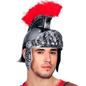 Gladiator Legionär Helm mit Federaufsatz Federkamm Rüstungsteile Römerhelm silber-rot
