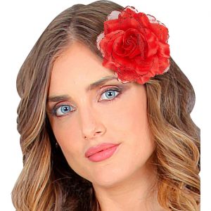 Hawaii / Blumen Haarclip mit Blume Textilblume in Rosenform mit Glitzer rot