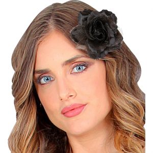 Hawaii / Blumen Haarclip mit Blume Textilblume in Rosenform mit Glitzer schwarz