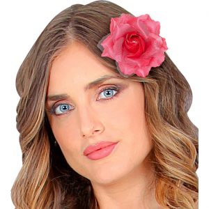 Hawaii / Blumen Haarclip mit Blume Textilblume in Rosenform mit Glitzer pink