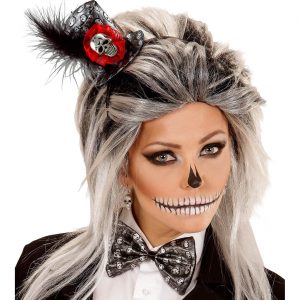 Schädel bleich Minihut auf Haarreif+Fliege Set Minizylinder mit Feder metallic silber-rot