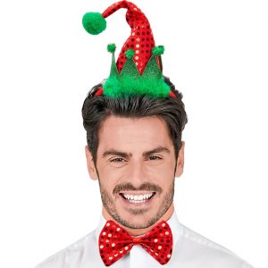 Elf Weihnachtself Deko Minihut auf Haarreif+Fliege als Set mit grünem Marabu und Pailletten rot