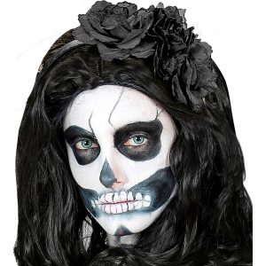 Geister Braut Haarreif mit Blumen Rosen und Glitzer schwarz