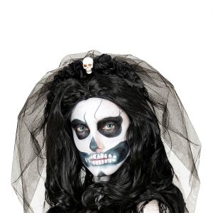 Geister Braut Haarreif mit Schleier und Blumen mit Schädel Rosen und Glitzer schwarz