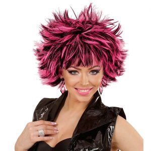 Perücke kurz glatt Steamy Kurzhaarfrisur strubbelig mit Pony und Strähnen zweifarbig schwarz-pink