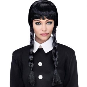 Friday / Lebendige Puppe Zopfperücke zwei Zöpfe Langhaarfrisur geflochtene Zöpfe für Erwachsene schwarz