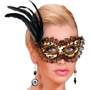 Edle venezianische Dominomaske mit Federn Halbmaske mit Leopardenmuster schwarz-gold
