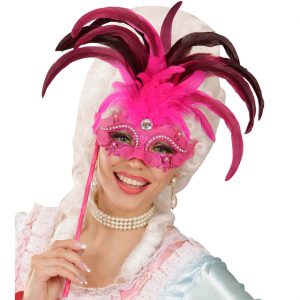 Edle venezianische Dominomaske mit Stab und Federn pink