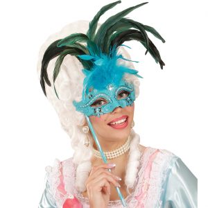 Edle venezianische Dominomaske mit Stab und Federn türkis