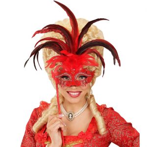 Edle venezianische Dominomaske mit Stab und Federn rot
