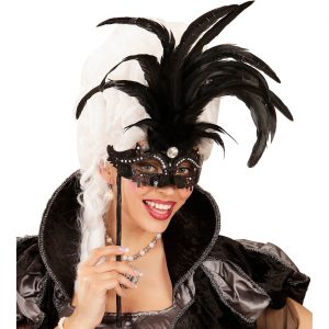 Edle venezianische Dominomaske mit Stab und Federn schwarz