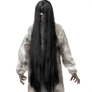 Zombiemädchen genäht Perücke lang glatt Böser Geist Langhaarfrisur extra lang mit Mittelscheitel schwarz