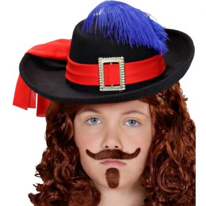 Musketier Hut aus Filz mit Feder und Band für Kinder schwarz-rot