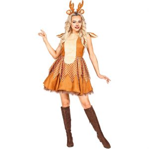 Reh Faun Rentier Kostüm Kleid kurz aus Velour mit Tüllunterrock braun-weiß