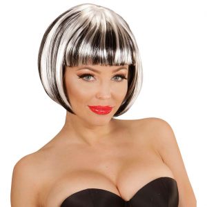 Perücke kurz Bob glatt Streaks Kurzhaarfrisur Pagenschnitt rund ausl. mit Pony u. Strähnen zweifarbig schwarz-weiß