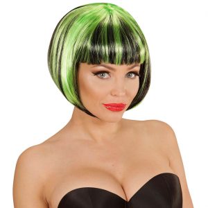 Perücke kurz Bob glatt Streaks Kurzhaarfrisur Pagenschnitt rund ausl. mit Pony u. Strähnen zweifarbig schwarz-grün