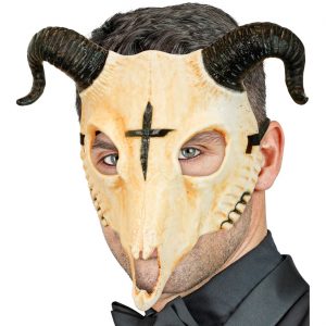 Teufel / Dämon Dominomaske mit Hörnern Halbmaske Deluxe Widderschädel mit Kreuz beige-schwarz