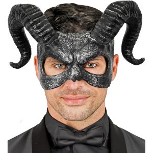 Teufel / Dämon Dominomaske mit Hörnern Halbmaske mit Widderhörnern silber-schwarz