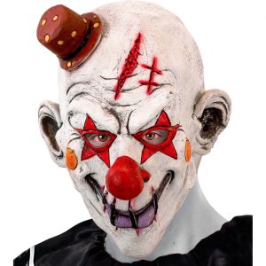 Böser Clown Latexmaske mit Wunde und Minihut Killerclown rot-weiß