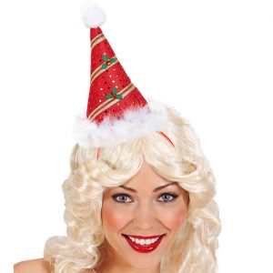 Weihnachts Deko Minihut auf Haarreif mit weißem Marabu grünen Bättern und Glitzer rot-weiß