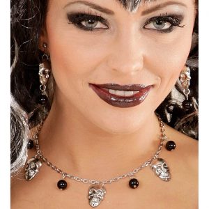 Schädel bleich Halskette+Ohrringe Set Collier und Clips mit schwarzen Perlen filigran silber-schwarz