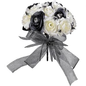 Geister Braut Deko Accessoire Artikel Brautstrauß mit Rosen Schädeln und Spinnen weiß-grau