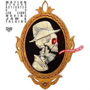 Skelett Gentleman Deko Wandbild animiert+LED+Sound Schädel Diener mit blinke Augen und lachendem Kiefer 32x48cm beige