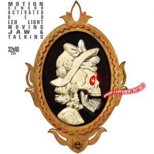 Skelettdame bleich Deko Wandbild animiert+LED+Sound Schädel Lady mit blinke Augen und lachendem Kiefer 32x48cm beige