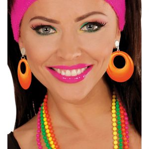 80er Jahre Ohrringe aus Kusntstoff rund an Clipsverschluss neonorange
