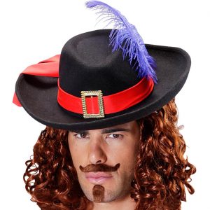 Musketier Hut aus Filz mit Feder und Band schwarz-rot