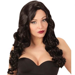 Perücke lang lockig Dream Hair Rihanna Langhaarfrisur mit Locken und Seitenscheitel einfarbig schwarz