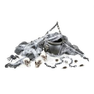Hexenkessel Deko Standfiguren Set mit Dekostoff Käfer Spinne Spinnenwatte 3 Schädel 1 Kette schwarz-beige