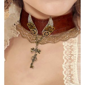 Steampunk Zahnräder Halsband mit Anhänger Schlüssel und Flügeln auf einem Samtband braun-bronze