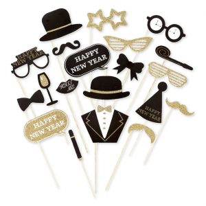 Silvester Deko Fotobox Set Happy New Year mit Glitzer Photobox Tischdekoration schwarz-gold